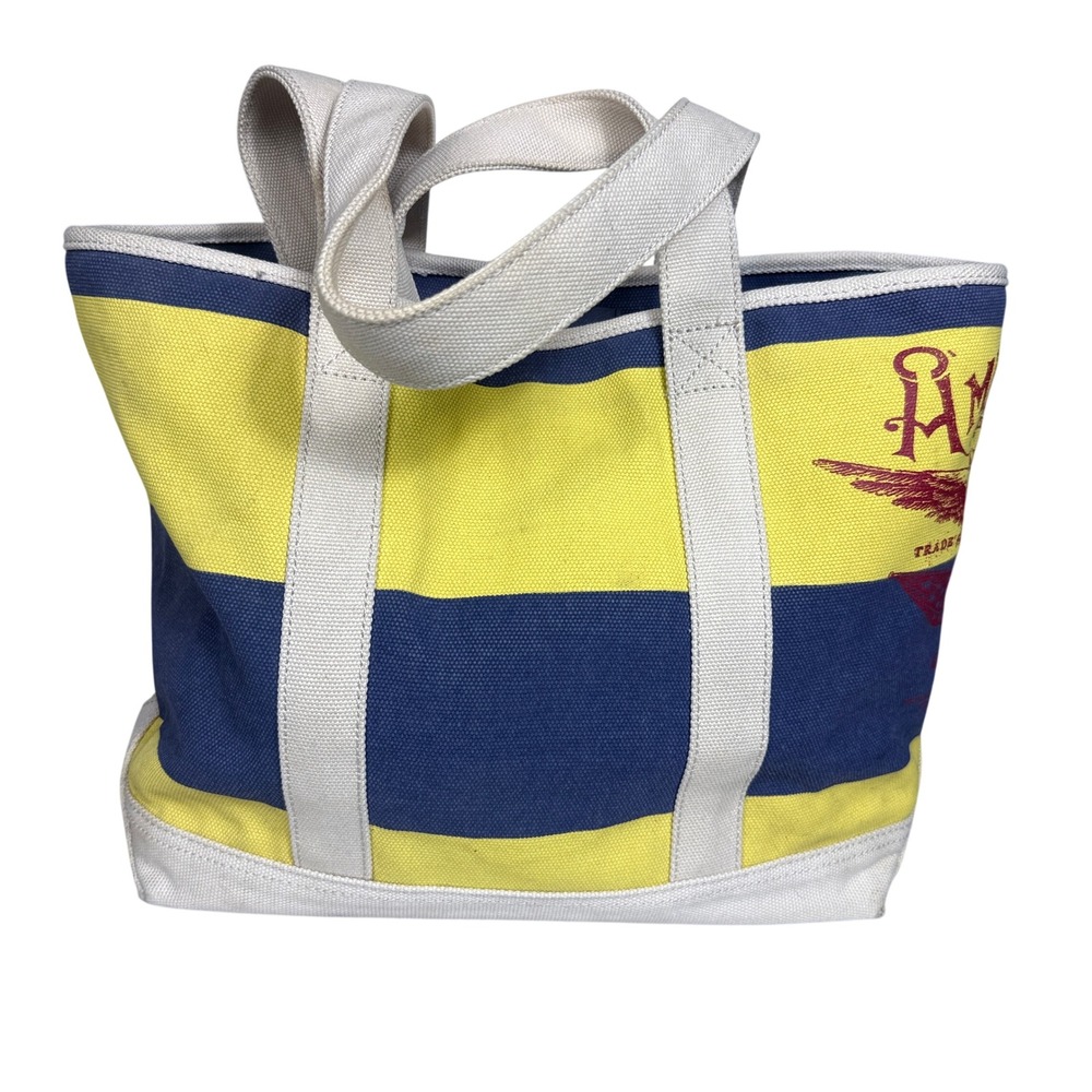 American Living Tote Bag Womens Medium Yellow Navy Striped Canvas Graphic Eagle